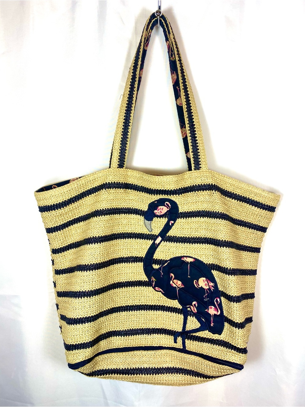 VERA BRADLEY Flamingo Fiesta Seashore Beach Bag Straw Tote w/ Zippered Bottom